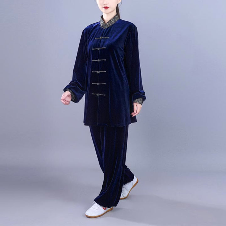 Ensemble de vêtements de méditation unisexe en velours avec boutons en forme de grenouille et col montant pour l'automne et l'hiver, 2 pièces , Buddha Stones , Tai Chi, Qigong, nuages ​​de bon augure - image 14
