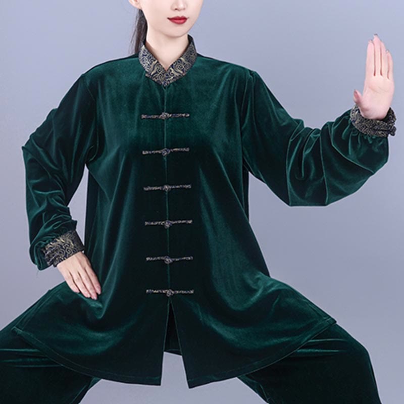 Ensemble de vêtements de méditation unisexe en velours avec boutons en forme de grenouille et col montant pour l'automne et l'hiver, 2 pièces , Buddha Stones , Tai Chi, Qigong, nuages ​​de bon augure - image 16