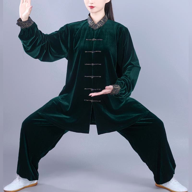 Ensemble de vêtements de méditation unisexe en velours avec boutons en forme de grenouille et col montant pour l'automne et l'hiver, 2 pièces , Buddha Stones , Tai Chi, Qigong, nuages ​​de bon augure - Vert de mer - 3XL- Convient aux États-Unis, au Royaume-Uni, en Australie et en UE - XL - image 15