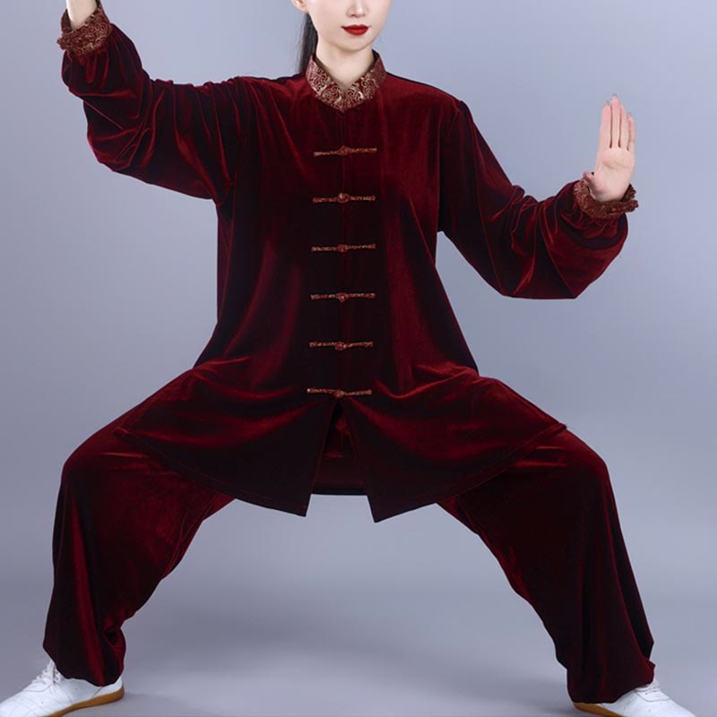 Ensemble de vêtements de méditation unisexe en velours avec boutons en forme de grenouille et col montant pour l'automne et l'hiver, 2 pièces , Buddha Stones , Tai Chi, Qigong, nuages ​​de bon augure - Rouge foncé - 3XL- Convient aux États-Unis, au Royaume-Uni, en Australie et en UE - XL - image 0