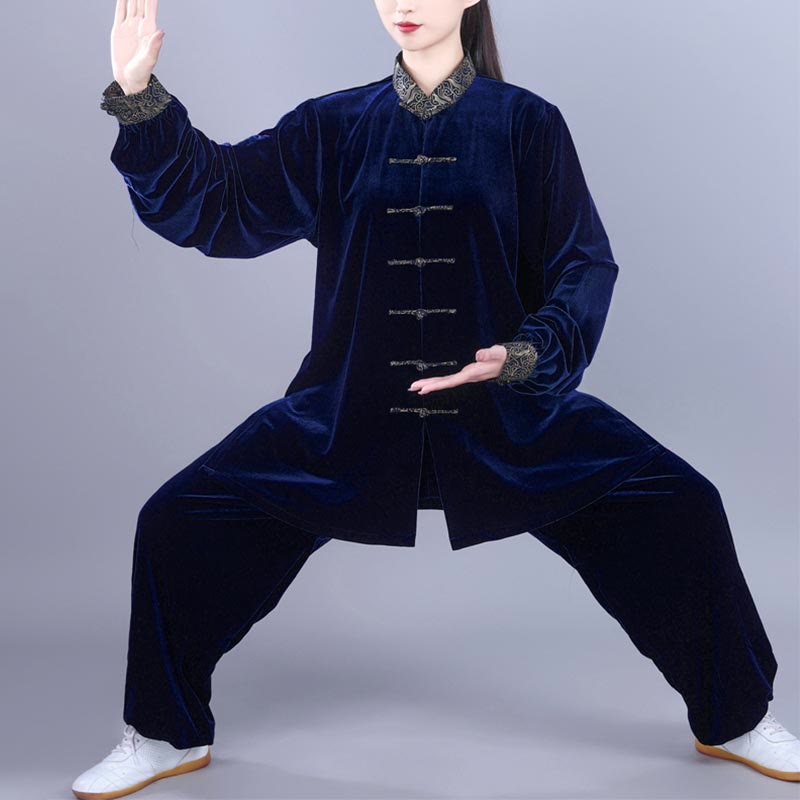 Ensemble de vêtements de méditation unisexe en velours avec boutons en forme de grenouille et col montant pour l'automne et l'hiver, 2 pièces , Buddha Stones , Tai Chi, Qigong, nuages ​​de bon augure - Bleu nuit - 3XL- Convient aux États-Unis, au Royaume-Uni, en Australie et en UE - XL - image 11