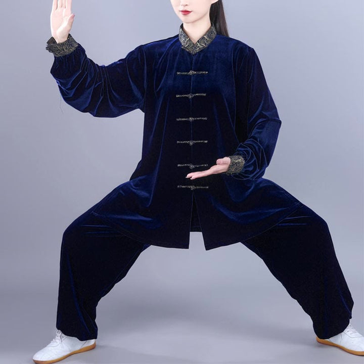 Ensemble de vêtements de méditation unisexe en velours avec boutons en forme de grenouille et col montant pour l'automne et l'hiver, 2 pièces , Buddha Stones , Tai Chi, Qigong, nuages ​​de bon augure - Bleu nuit - 3XL- Convient aux États-Unis, au Royaume-Uni, en Australie et en UE - XL - image 11