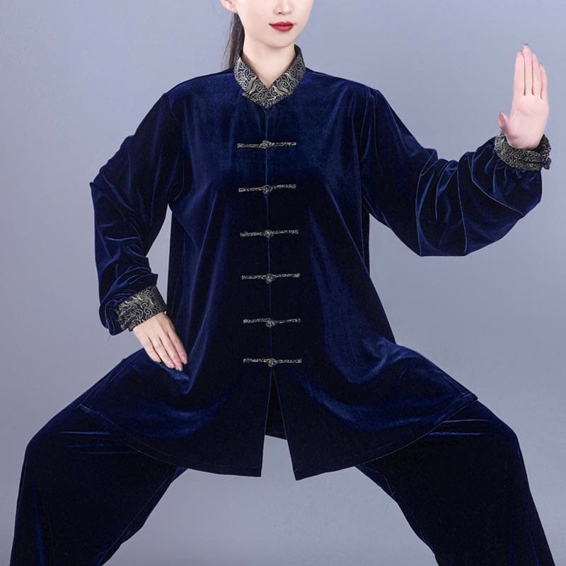 Ensemble de vêtements de méditation unisexe en velours avec boutons en forme de grenouille et col montant pour l'automne et l'hiver, 2 pièces , Buddha Stones , Tai Chi, Qigong, nuages ​​de bon augure - image 12