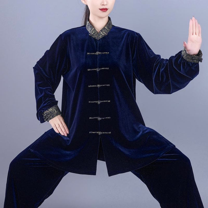 Ensemble de vêtements de méditation unisexe en velours avec boutons en forme de grenouille et col montant pour l'automne et l'hiver, 2 pièces , Buddha Stones , Tai Chi, Qigong, nuages ​​de bon augure - image 12