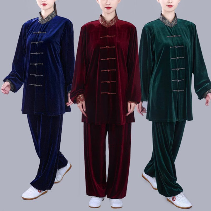 Ensemble de vêtements de méditation unisexe en velours avec boutons en forme de grenouille et col montant pour l'automne et l'hiver, 2 pièces , Buddha Stones , Tai Chi, Qigong, nuages ​​de bon augure - image 1