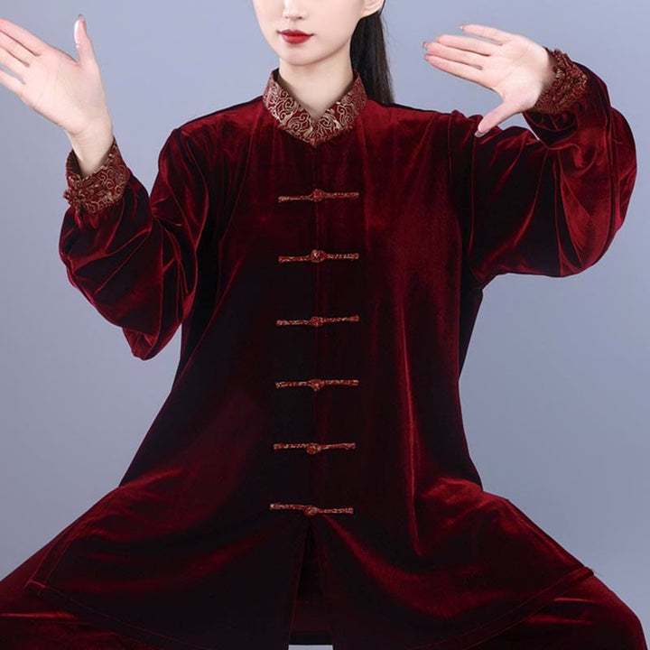 Ensemble de vêtements de méditation unisexe en velours avec boutons en forme de grenouille et col montant pour l'automne et l'hiver, 2 pièces , Buddha Stones , Tai Chi, Qigong, nuages ​​de bon augure - image 2