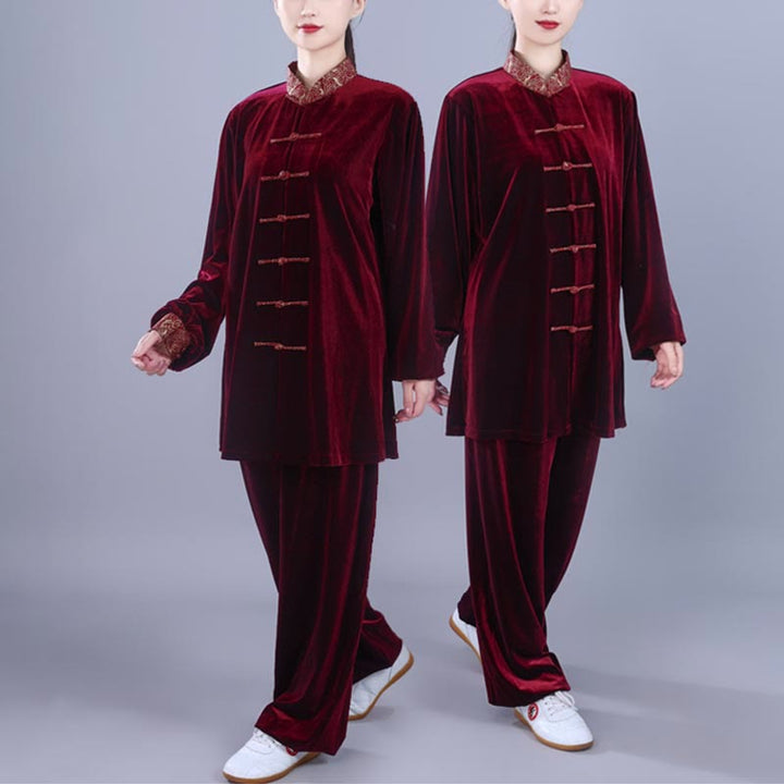 Ensemble de vêtements de méditation unisexe en velours avec boutons en forme de grenouille et col montant pour l'automne et l'hiver, 2 pièces , Buddha Stones , Tai Chi, Qigong, nuages ​​de bon augure - image 3
