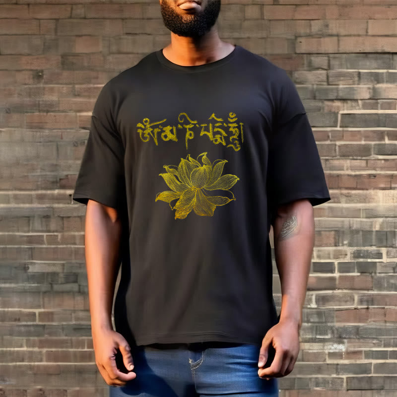 Buddha Stones T-shirt Golden Lotus Sanskrit Tee - image 1