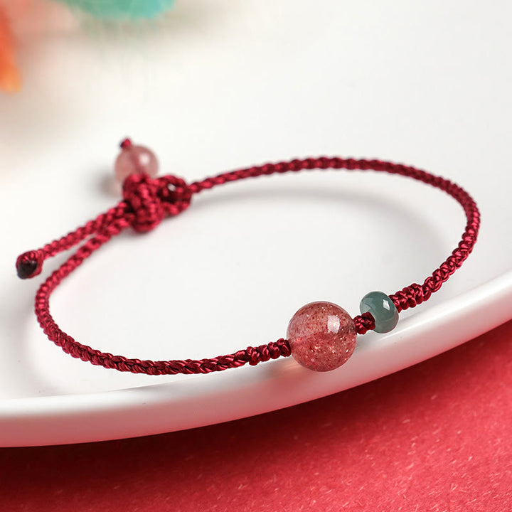 Bracelet positif en fil rouge en agate blanche et quartz fraise naturel de Buddha Stones