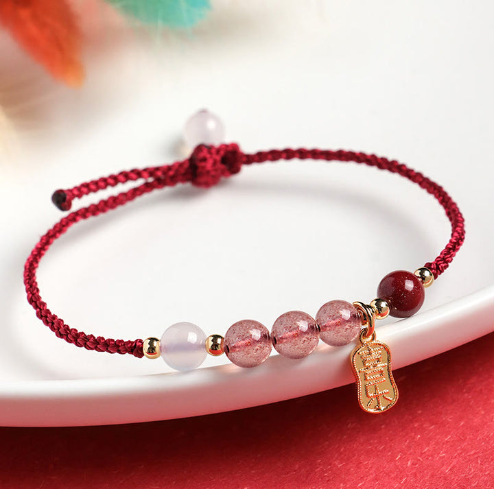 Bracelet positif en fil rouge en agate blanche et quartz fraise naturel de Buddha Stones