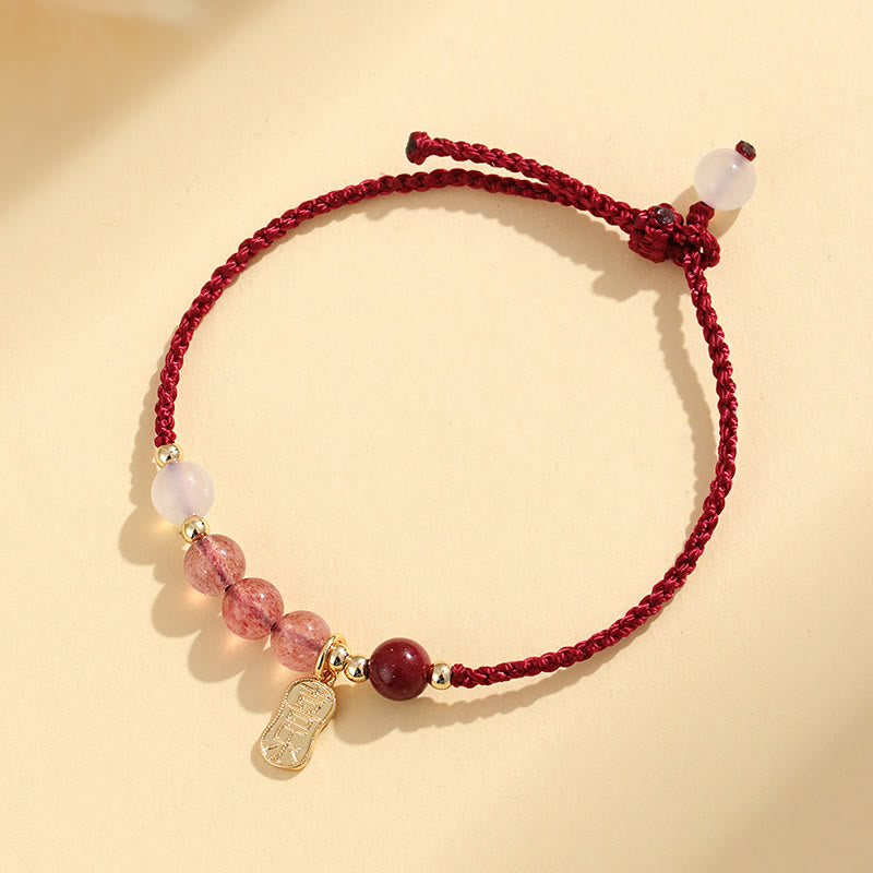 Bracelet positif en fil rouge en agate blanche et quartz fraise naturel de Buddha Stones