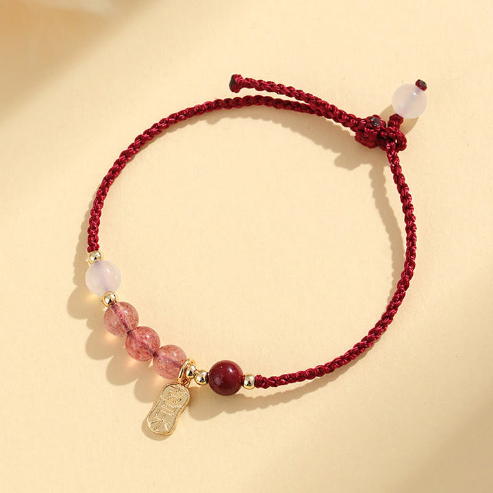 Bracelet positif en fil rouge en agate blanche et quartz fraise naturel de Buddha Stones