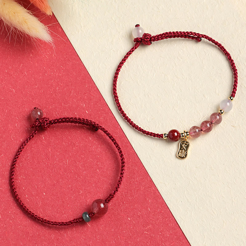 Bracelet positif en fil rouge en agate blanche et quartz fraise naturel de Buddha Stones
