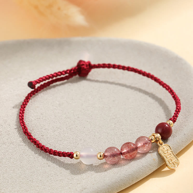 Bracelet positif en fil rouge en agate blanche et quartz fraise naturel de Buddha Stones