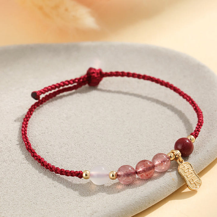 Bracelet positif en fil rouge en agate blanche et quartz fraise naturel de Buddha Stones