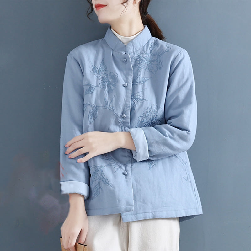 Chemise thermique à manches longues en coton et lin pour femme avec motif floral rétro et Buddha Stones - Bleu ciel clair - US8-10，UK/AU12-14，EU40-42 (2XL) - image 0
