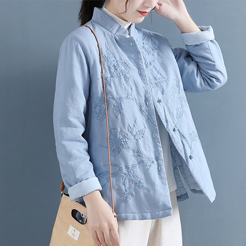 Chemise thermique à manches longues en coton et lin pour femme avec motif floral rétro et Buddha Stones - image 1
