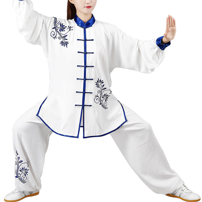 Ensemble de vêtements unisexe en coton avec broderie de fleurs bleues et boutons de grenouille, Buddha Stones, Tai Chi, méditation, Qigong, pratique zen, 2 pièces