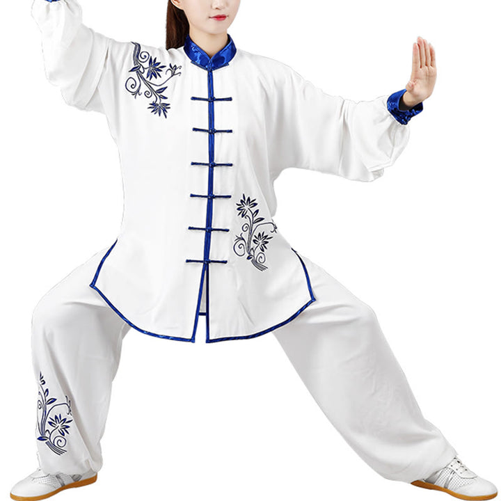 Ensemble de vêtements unisexe en coton avec broderie de fleurs bleues et boutons de grenouille, Buddha Stones, Tai Chi, méditation, Qigong, pratique zen, 2 pièces