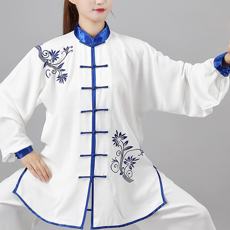 Ensemble de vêtements unisexe en coton avec broderie de fleurs bleues et boutons de grenouille, Buddha Stones, Tai Chi, méditation, Qigong, pratique zen, 2 pièces