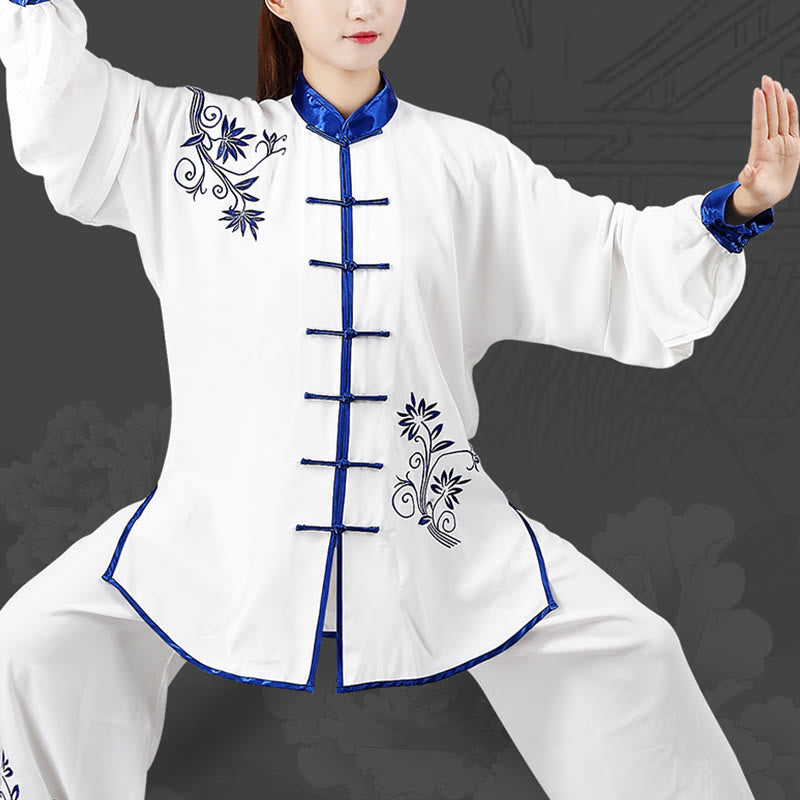 Ensemble de vêtements unisexe en coton avec broderie de fleurs bleues et boutons de grenouille, Buddha Stones, Tai Chi, méditation, Qigong, pratique zen, 2 pièces