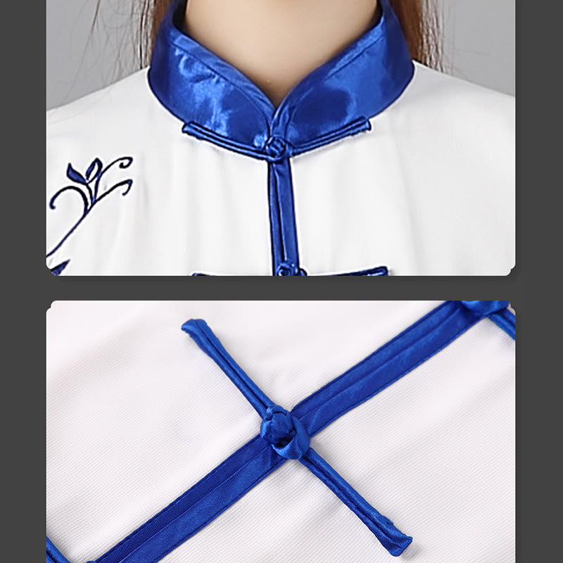 Ensemble de vêtements unisexe en coton avec broderie de fleurs bleues et boutons de grenouille, Buddha Stones, Tai Chi, méditation, Qigong, pratique zen, 2 pièces
