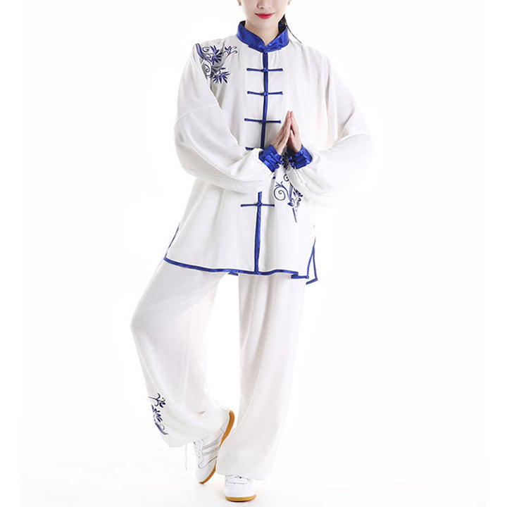 Ensemble de vêtements unisexe en coton avec broderie de fleurs bleues et boutons de grenouille, Buddha Stones, Tai Chi, méditation, Qigong, pratique zen, 2 pièces