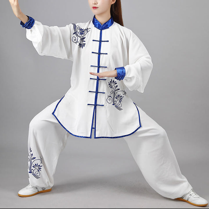 Ensemble de vêtements unisexe en coton avec broderie de fleurs bleues et boutons de grenouille, Buddha Stones, Tai Chi, méditation, Qigong, pratique zen, 2 pièces
