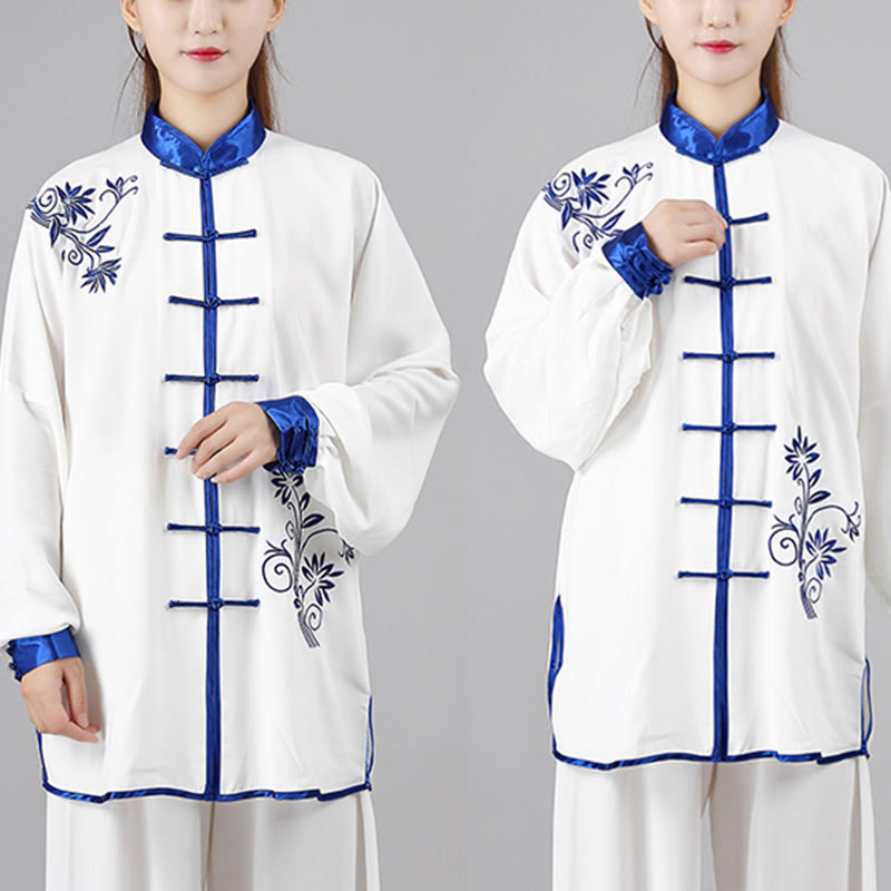 Ensemble de vêtements unisexe en coton avec broderie de fleurs bleues et boutons de grenouille, Buddha Stones, Tai Chi, méditation, Qigong, pratique zen, 2 pièces