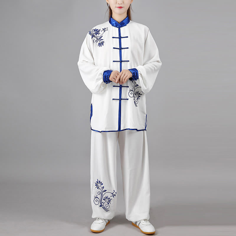 Ensemble de vêtements unisexe en coton avec broderie de fleurs bleues et boutons de grenouille, Buddha Stones, Tai Chi, méditation, Qigong, pratique zen, 2 pièces