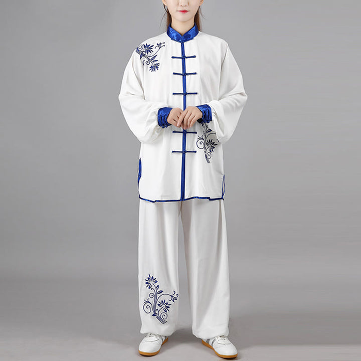 Ensemble de vêtements unisexe en coton avec broderie de fleurs bleues et boutons de grenouille, Buddha Stones, Tai Chi, méditation, Qigong, pratique zen, 2 pièces