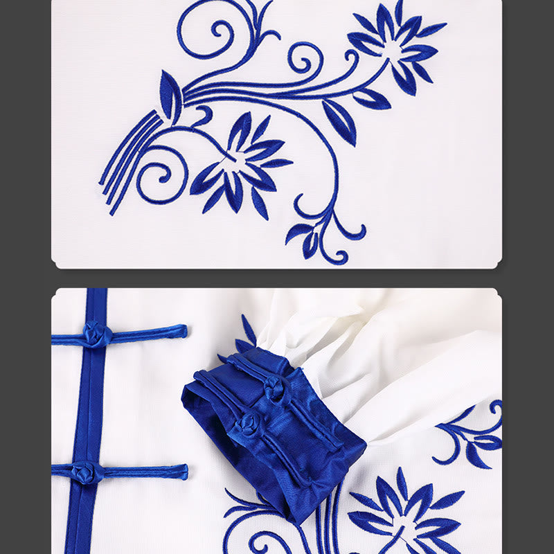 Ensemble de vêtements unisexe en coton avec broderie de fleurs bleues et boutons de grenouille, Buddha Stones, Tai Chi, méditation, Qigong, pratique zen, 2 pièces