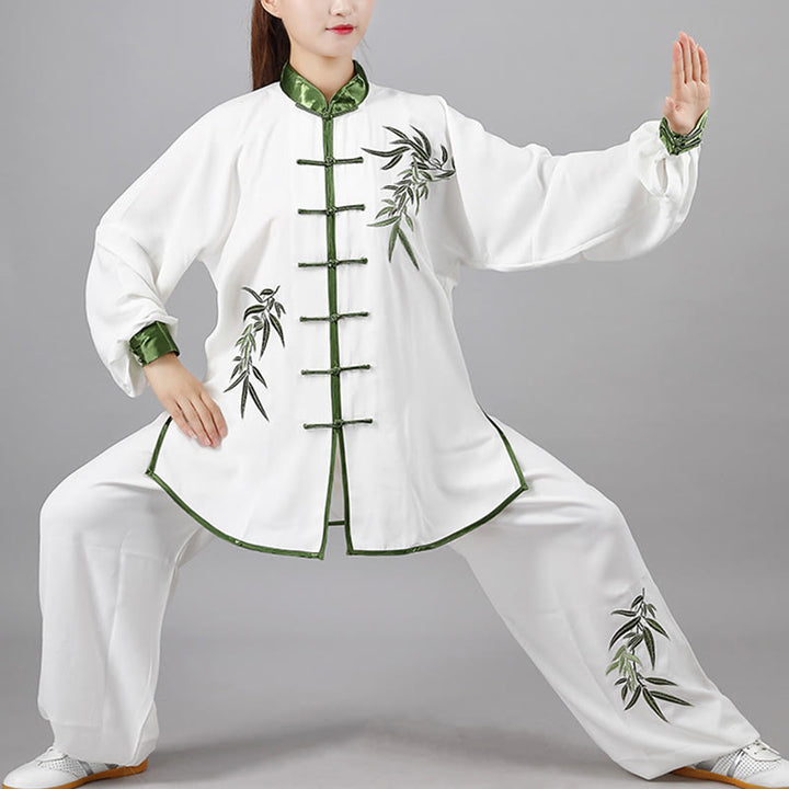 Ensemble de vêtements unisexe en coton avec broderie de Buddha Stones de bambou vertes d'automne et boutons de grenouille Tai Chi Méditation Qigong Zen Practice 2 pièces