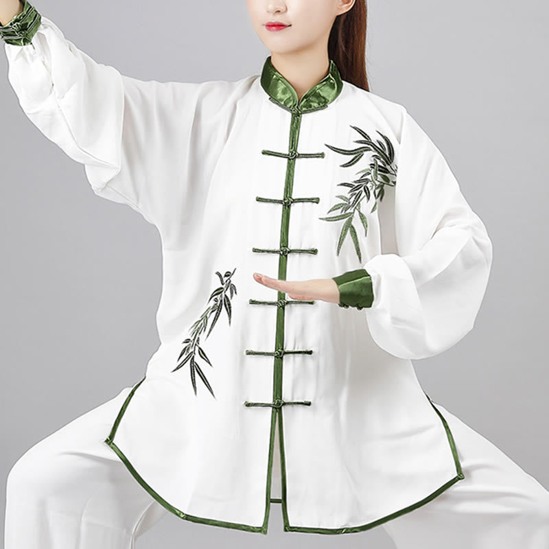 Ensemble de vêtements unisexe en coton avec broderie de Buddha Stones de bambou vertes d'automne et boutons de grenouille Tai Chi Méditation Qigong Zen Practice 2 pièces