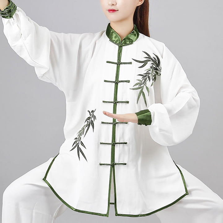Ensemble de vêtements unisexe en coton avec broderie de Buddha Stones de bambou vertes d'automne et boutons de grenouille Tai Chi Méditation Qigong Zen Practice 2 pièces