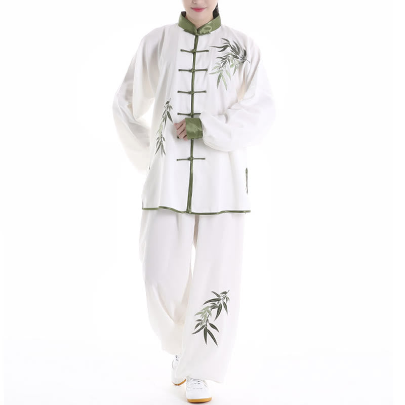 Ensemble de vêtements unisexe en coton avec broderie de Buddha Stones de bambou vertes d'automne et boutons de grenouille Tai Chi Méditation Qigong Zen Practice 2 pièces