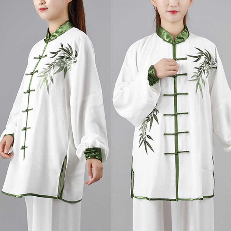 Ensemble de vêtements unisexe en coton avec broderie de Buddha Stones de bambou vertes d'automne et boutons de grenouille Tai Chi Méditation Qigong Zen Practice 2 pièces