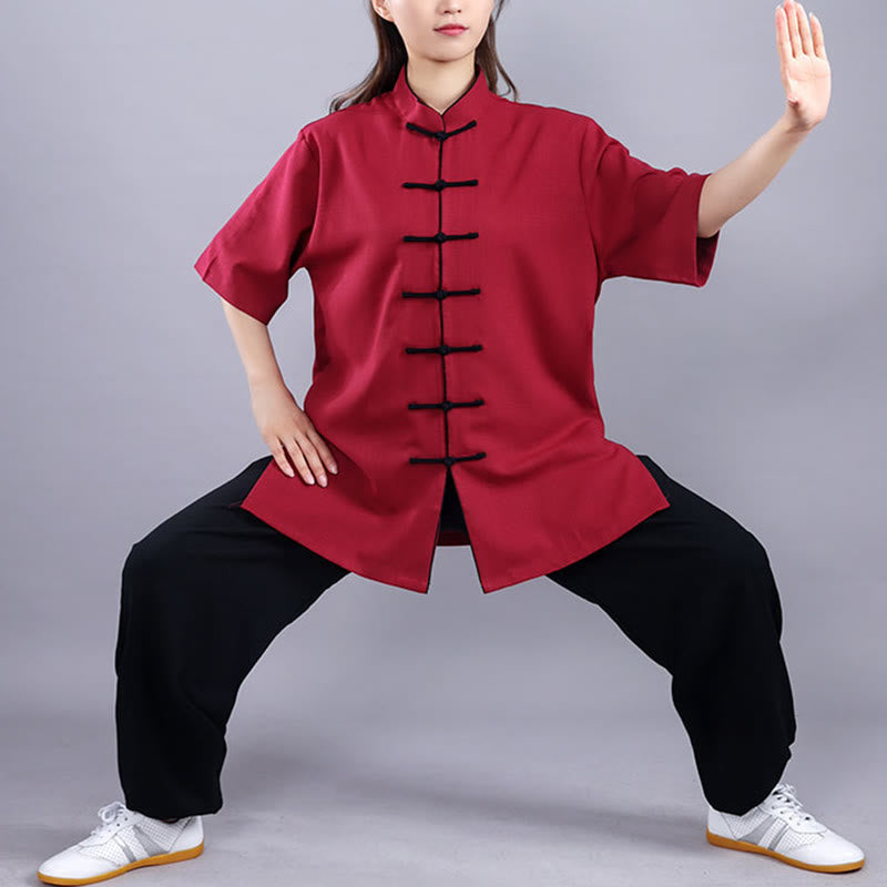 Ensemble de vêtements unisexe en coton et lin avec Buddha Stones, 2 pièces, automne-hiver, bouton grenouille, Tai Chi, méditation, Qigong, pratique zen - Manches courtes rouge vin - 3XL- Convient aux États-Unis, au Royaume-Uni, en Australie et en UE - XL - image 11