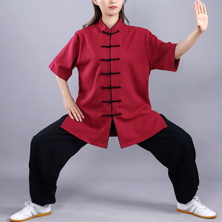 Ensemble de vêtements unisexe en coton et lin avec Buddha Stones, 2 pièces, automne-hiver, bouton grenouille, Tai Chi, méditation, Qigong, pratique zen - Manches courtes rouge vin - 3XL- Convient aux États-Unis, au Royaume-Uni, en Australie et en UE - XL - image 11