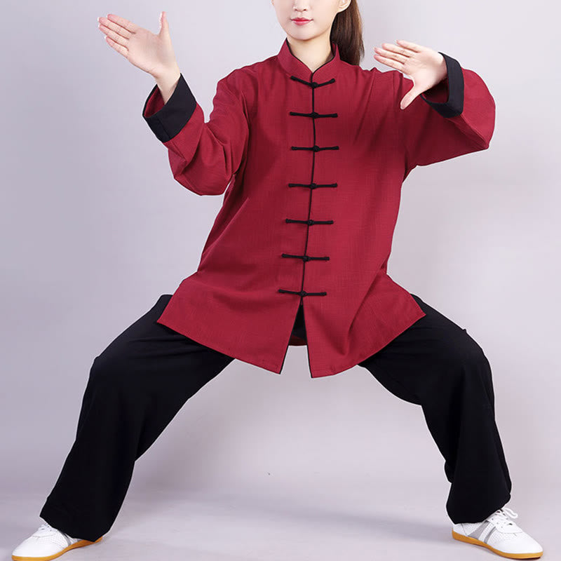 Ensemble de vêtements unisexe en coton et lin avec Buddha Stones, 2 pièces, automne-hiver, bouton grenouille, Tai Chi, méditation, Qigong, pratique zen - Rouge bordeaux (doublé en polaire) - 3XL- Convient aux États-Unis, au Royaume-Uni, en Australie et en UE - XL - image 0