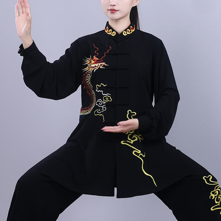Ensemble de vêtements unisexe en coton avec Buddha Stones et broderie d'automne, dragon, grenouille, bouton, Tai Chi, méditation, Qigong, pratique zen