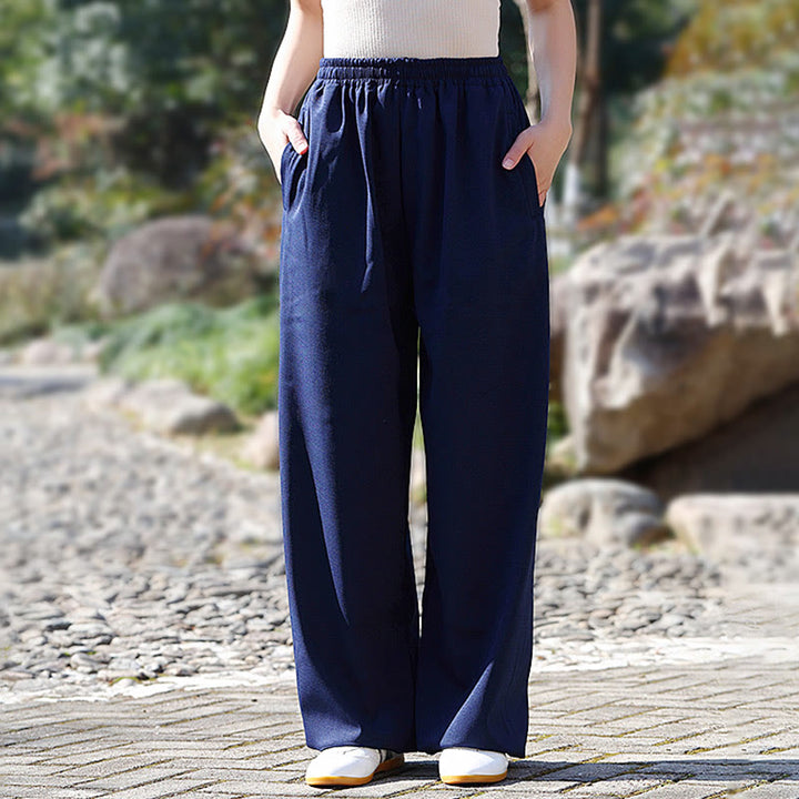 Pantalon unisexe en coton et lin avec poches pour la pratique du Tai Chi et du Qigong, taille élastique, Buddha Stones et hiver