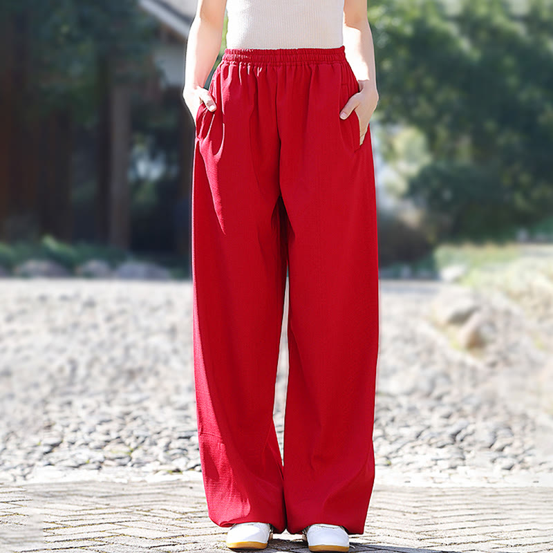 Pantalon unisexe en coton et lin avec poches pour la pratique du Tai Chi et du Qigong, taille élastique, Buddha Stones et hiver