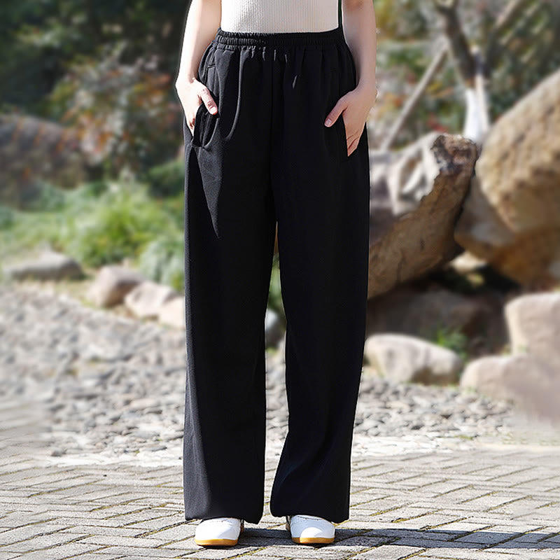 Pantalon unisexe en coton et lin avec poches pour la pratique du Tai Chi et du Qigong, taille élastique, Buddha Stones et hiver