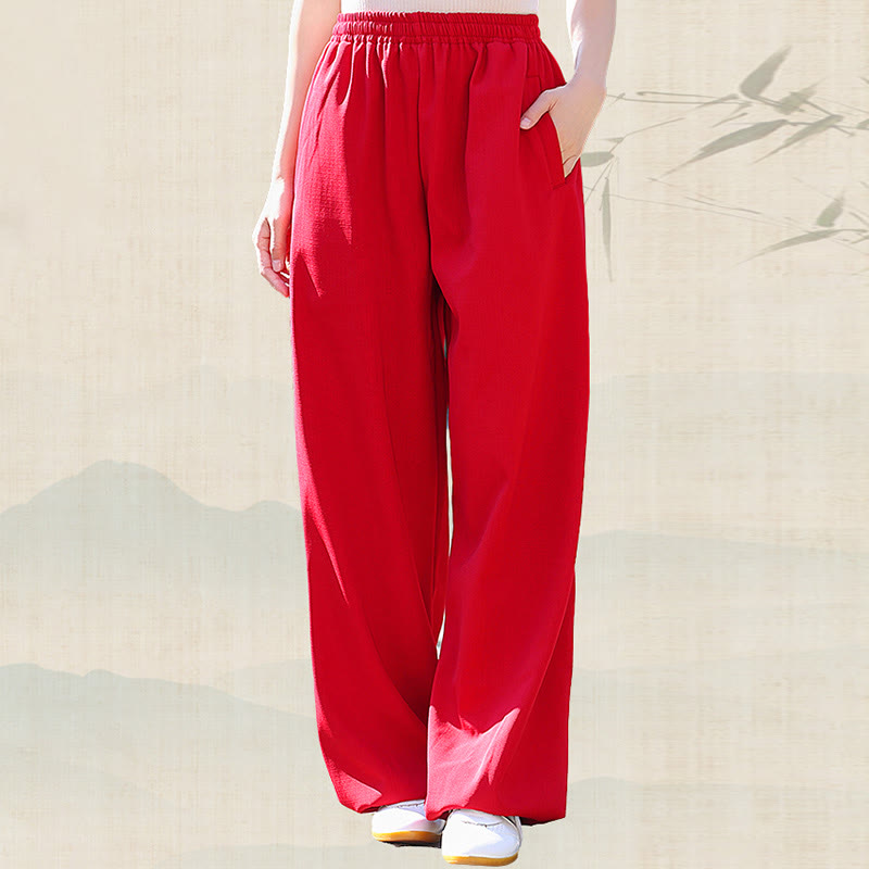 Pantalon unisexe en coton et lin avec poches pour la pratique du Tai Chi et du Qigong, taille élastique, Buddha Stones et hiver