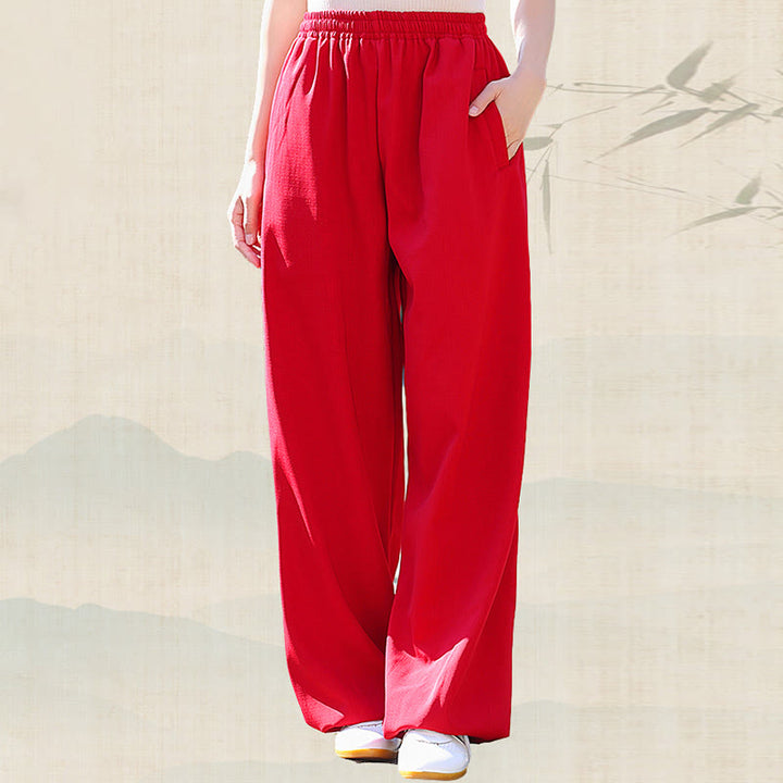 Pantalon unisexe en coton et lin avec poches pour la pratique du Tai Chi et du Qigong, taille élastique, Buddha Stones et hiver