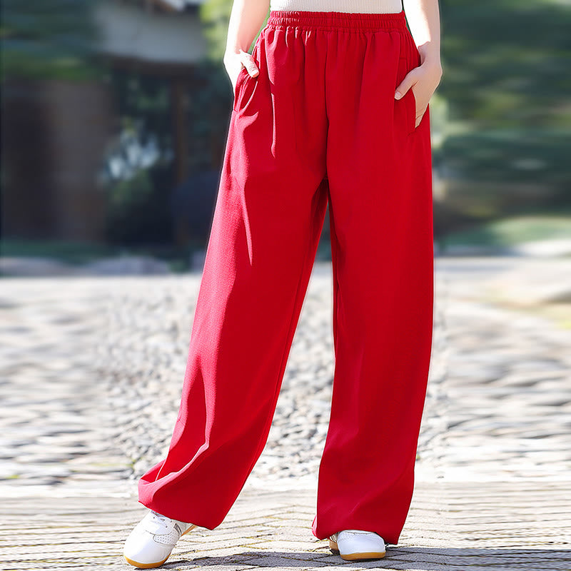 Pantalon unisexe en coton et lin avec poches pour la pratique du Tai Chi et du Qigong, taille élastique, Buddha Stones et hiver