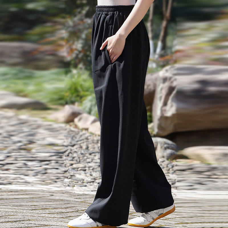 Pantalon unisexe en coton et lin avec poches pour la pratique du Tai Chi et du Qigong, taille élastique, Buddha Stones et hiver