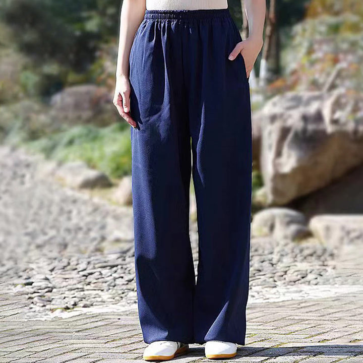 Pantalon unisexe en coton et lin avec poches pour la pratique du Tai Chi et du Qigong, taille élastique, Buddha Stones et hiver