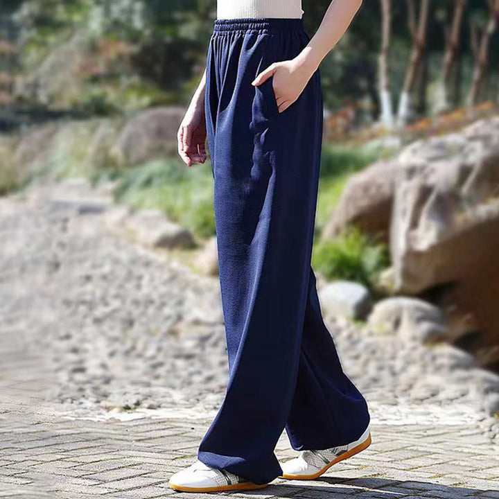 Pantalon unisexe en coton et lin avec poches pour la pratique du Tai Chi et du Qigong, taille élastique, Buddha Stones et hiver